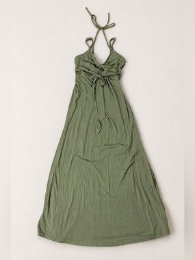 Roxy Women’s Maxi Dress Medium Olive Green Boho Sleeveless Tie Front Cotton